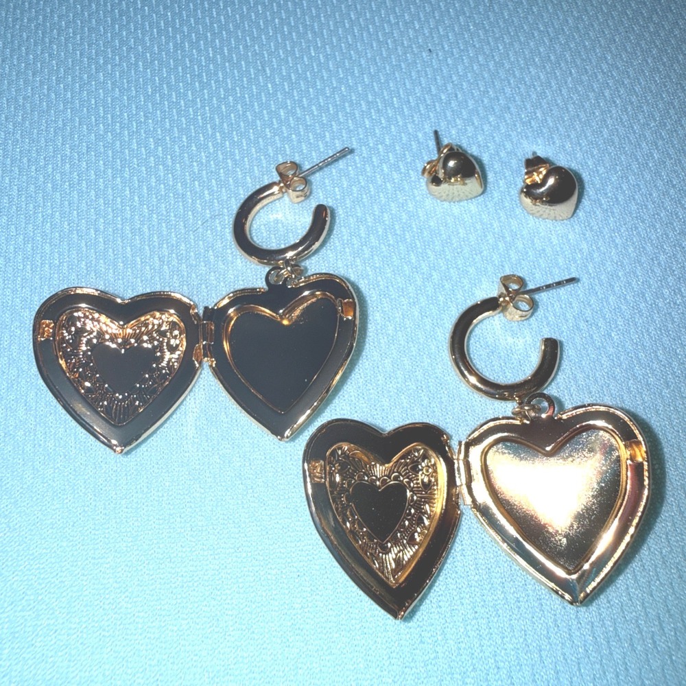 2-pc Heart Locket Earrings & Studs NEW Gold Tone Filigree Dangle Hoops